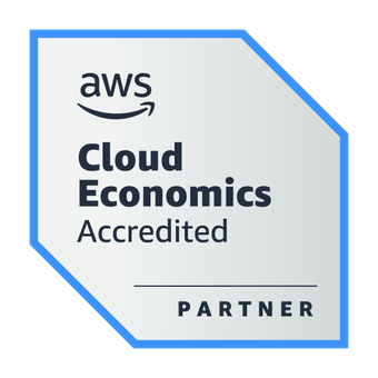 The badge awarded by Amazon Web Services for mastery of subject matter for 'AWS Cloud Economics Accreditated Partner'.