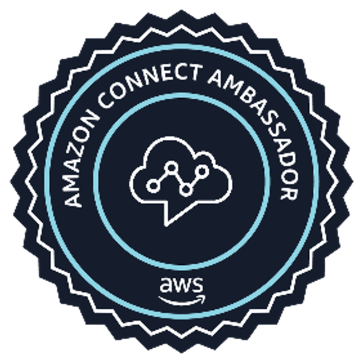 The badge awarded by Amazon Web Services for mastery of subject matter for 'Amazon Connect Ambassador'.