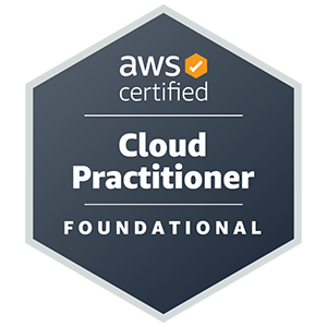 The badge awarded by Amazon Web Services for mastery of subject matter for 'AWS Certified Cloud Practitioner'.